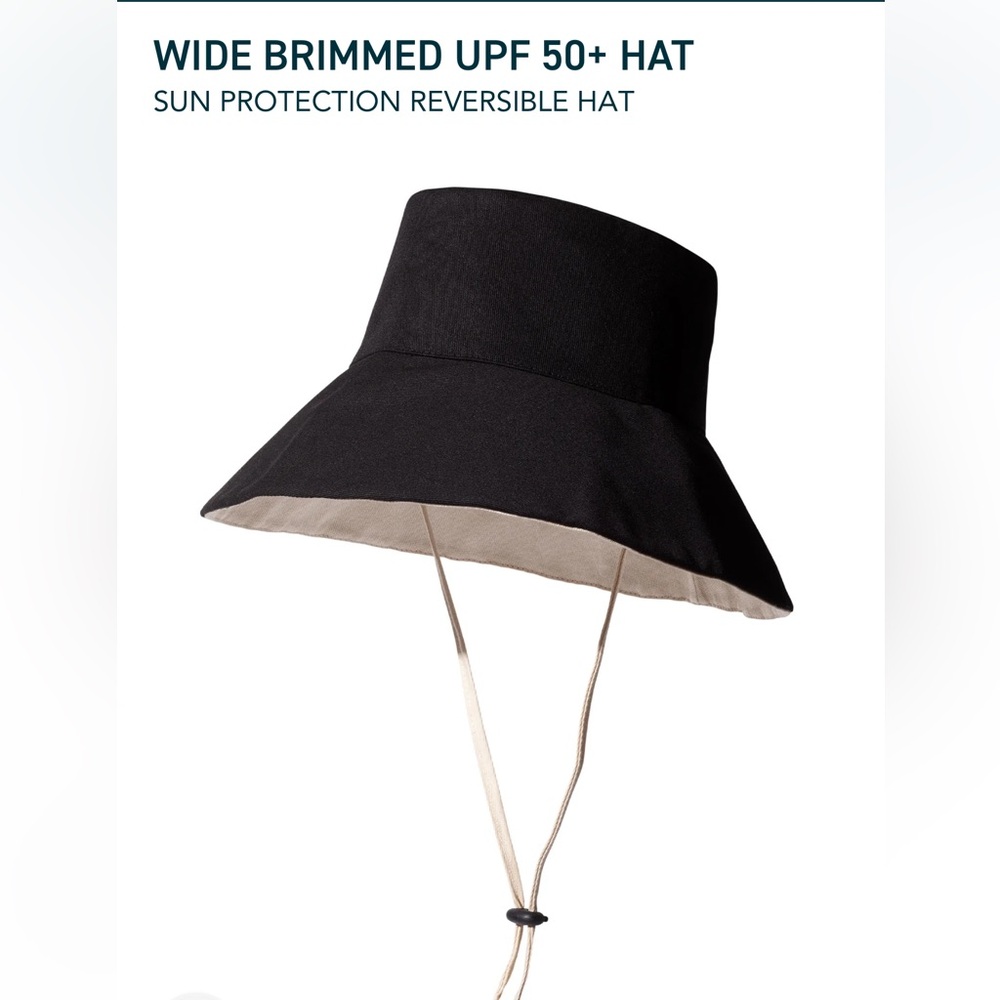Reversible Black Wide-Brim Sun Hat with Chin Cord